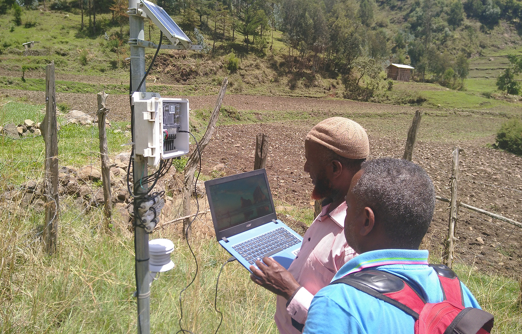 WLRC research staff are downloading meteorological data at the Maybar Observatory Centre in South Wello, Ethiopia.